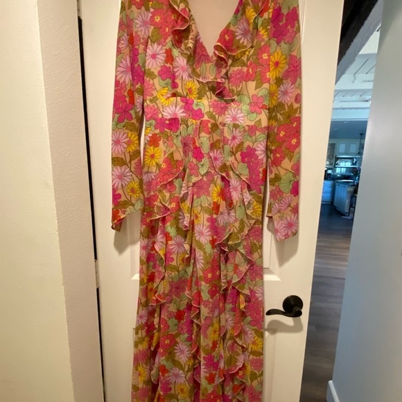 Show Me Your MuMu Ruffle Garden Maxi Pink Grn Long Wide Sleeves New Small - Picture 7 of 15